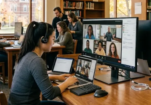 Student attending a live online tutoring session with classmates in a library